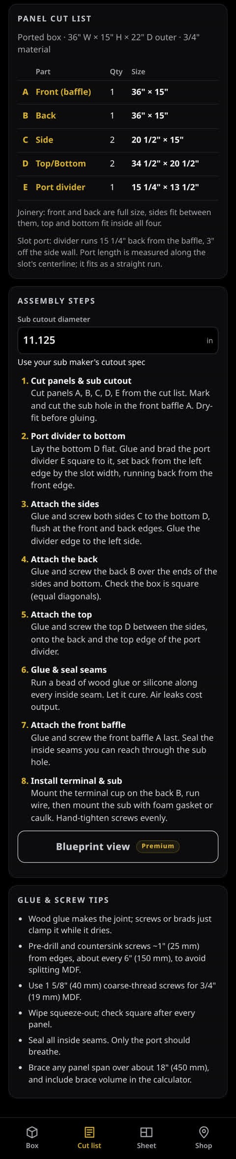 Box Calc cut list and materials screen